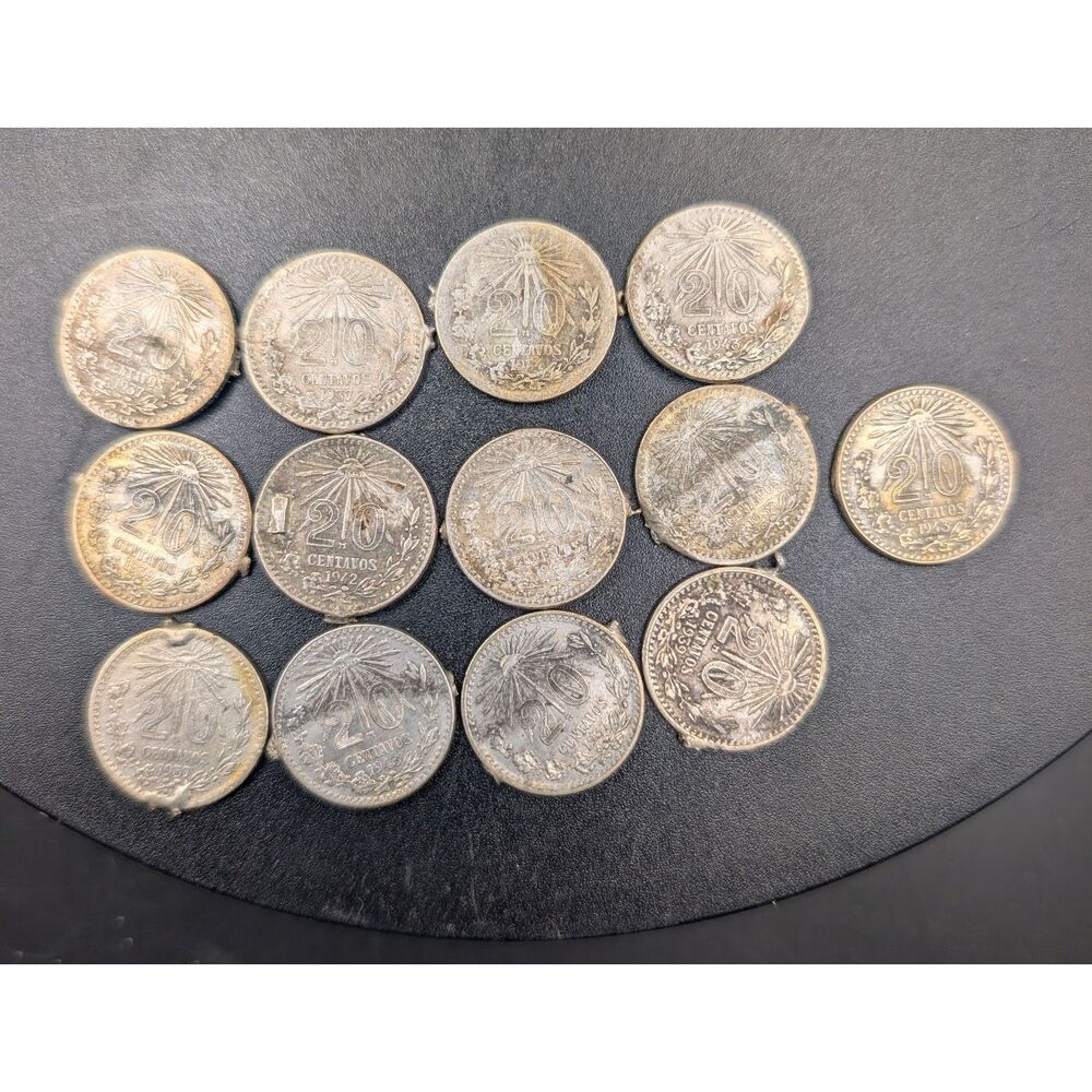 Lot of 13 Mexico 20 Centavos Silver Coins 1933-1943 Ex Jewelry 72% Silver